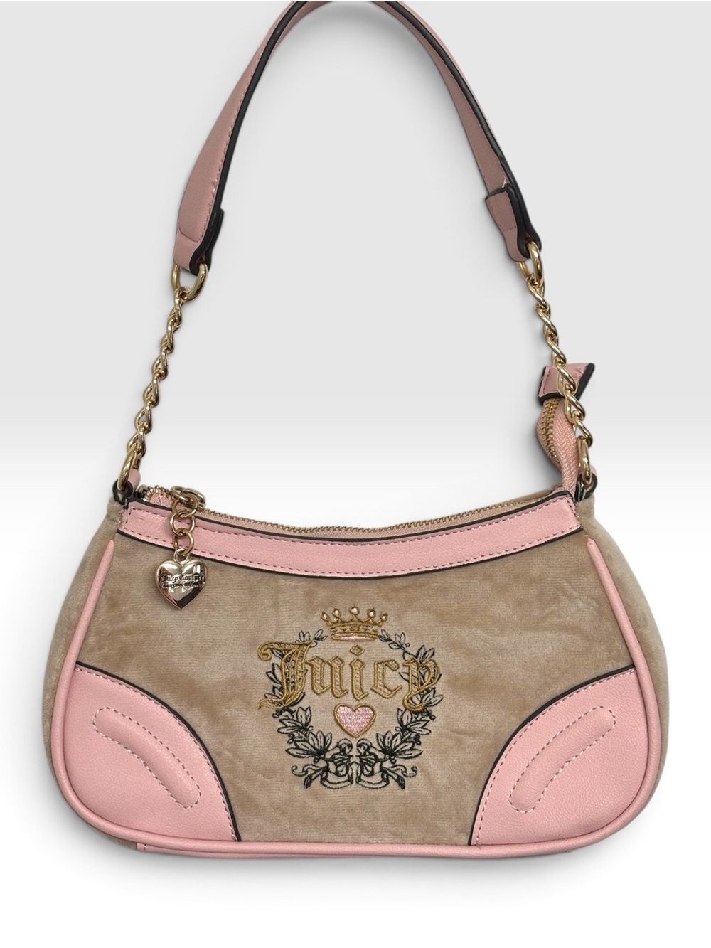 Juicy Couture Brown & Pink Velour Heritage Crest Shoulder Bag